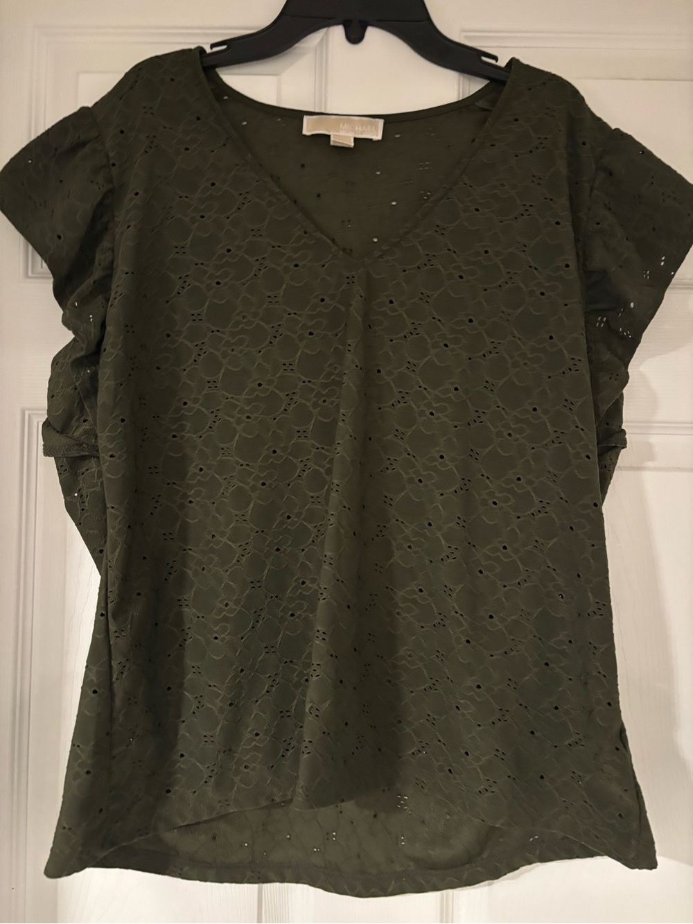 Michael Kors Olive Eyelet V-Neck Short Sleeve Blouse